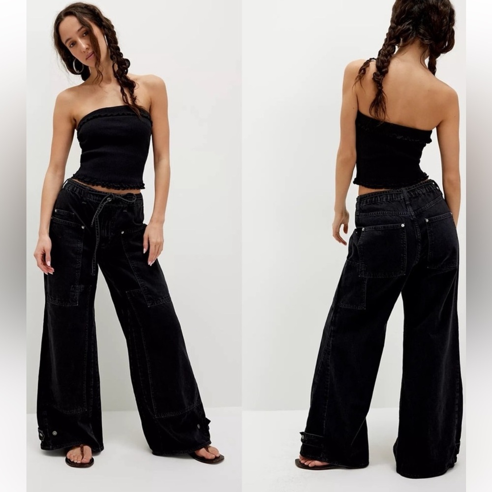 NWT FREE PEOPLE Black Curvy Outlaw Patch Wide Leg Jeans SZ: M
